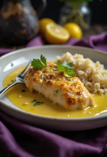 Lemon chicken served with fresh lemon slices and herbs.