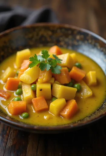 Curried vegetable sauce in a bowl, garnished with fresh coriander.