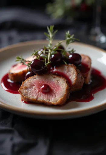 Duck breast with cherry sauce elegantly served