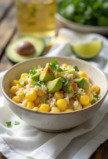 Fresh and crunchy esquites served with avocado