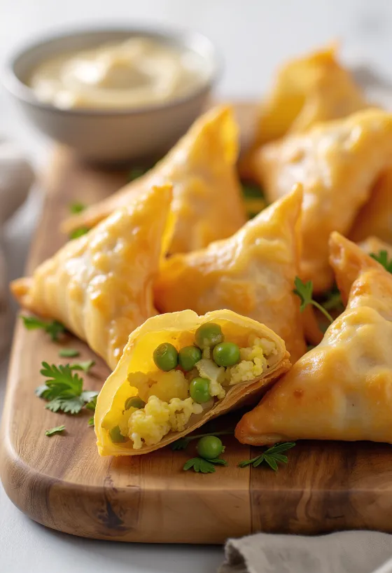 Cauliflower and pea samosas served