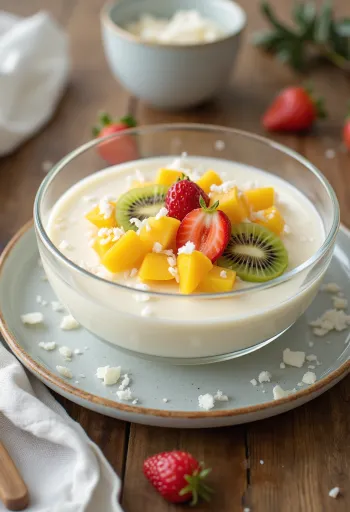 Manjar con frutas, coconut pudding served with fresh fruits.
