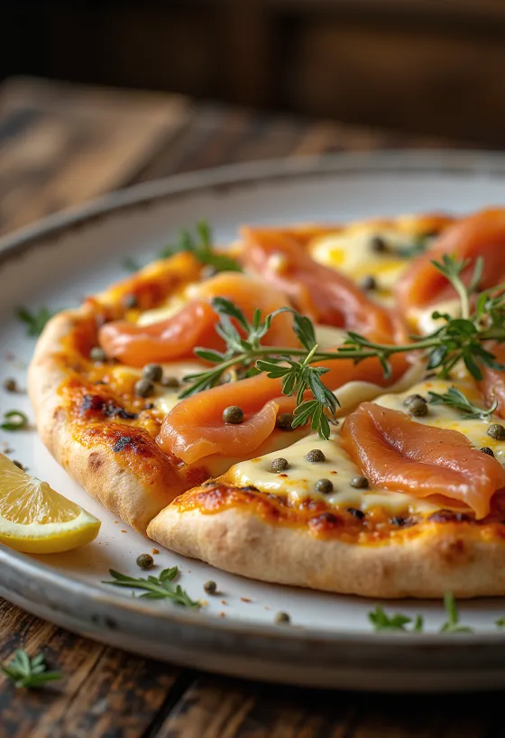 Pizza à la Norvégienne with smoked salmon, capers and sour cream