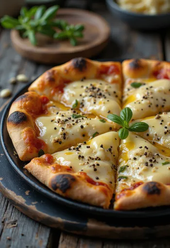 Pizza al Pepe with various cheeses and fresh peppers