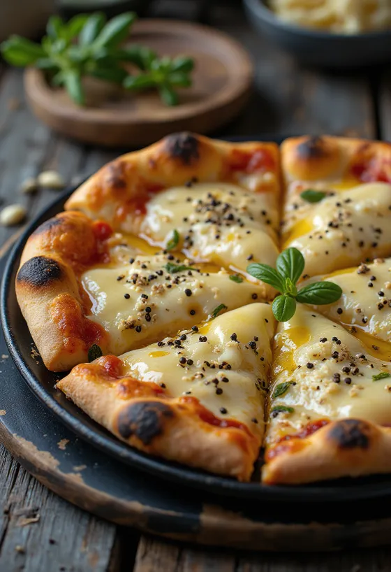 Pizza al Pepe with various cheeses and fresh peppers