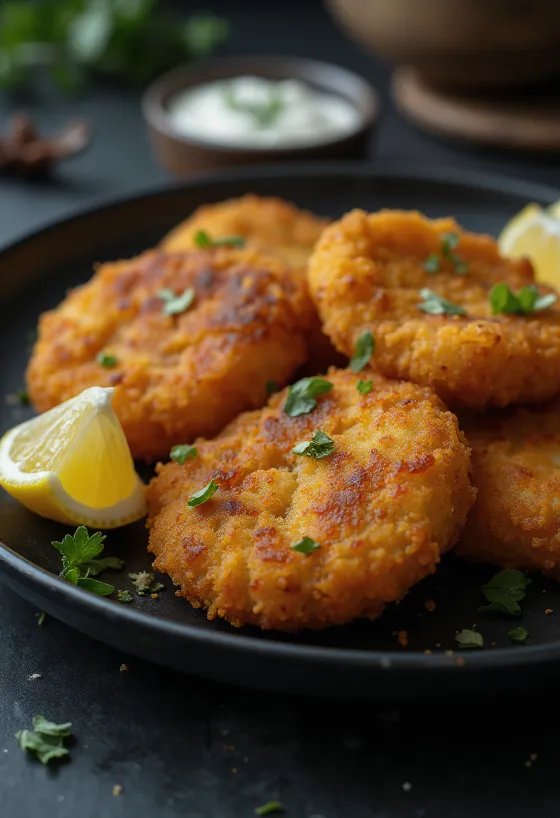 Breaded buffalo schnitzel served