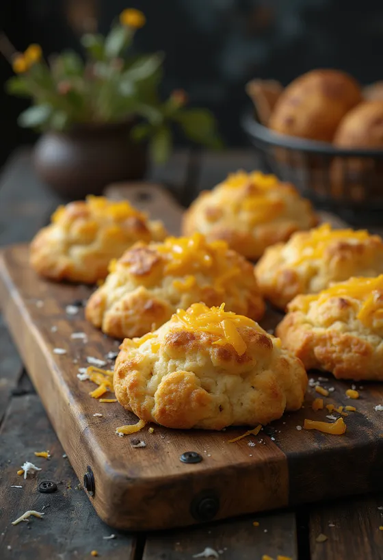 Cheese scones baked golden brown, with a crispy cheese layer on top
