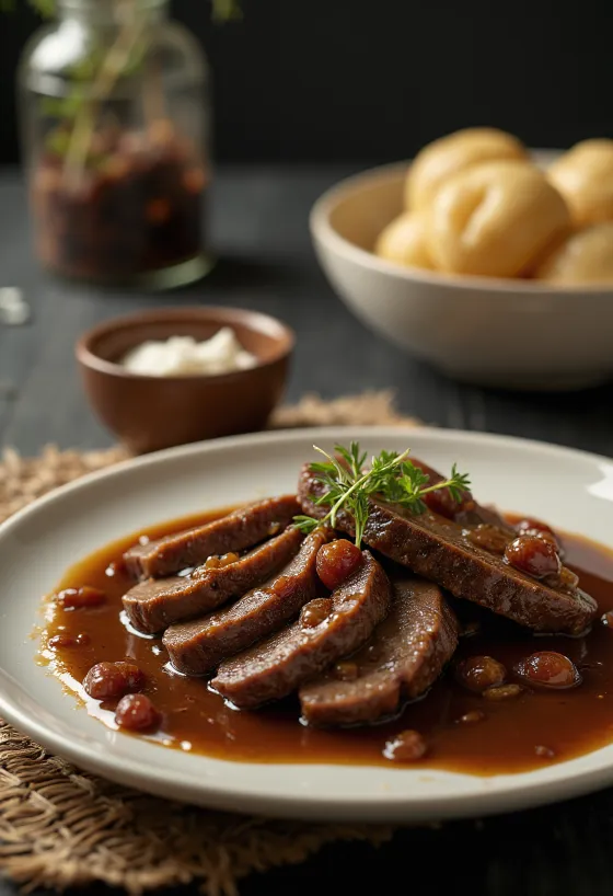 Sauerbraten German pot roast served