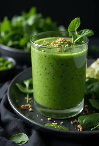 Spinach smoothie in a tall glass, garnished with vegetables and fruits