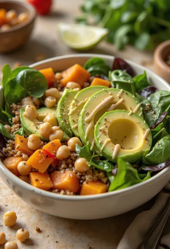 Roasted sweet potato Buddha bowl with quinoa and tahini dressing