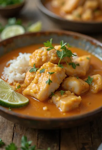 Fish Vatapá with Rice served, with rich coconut milk sauce and rice