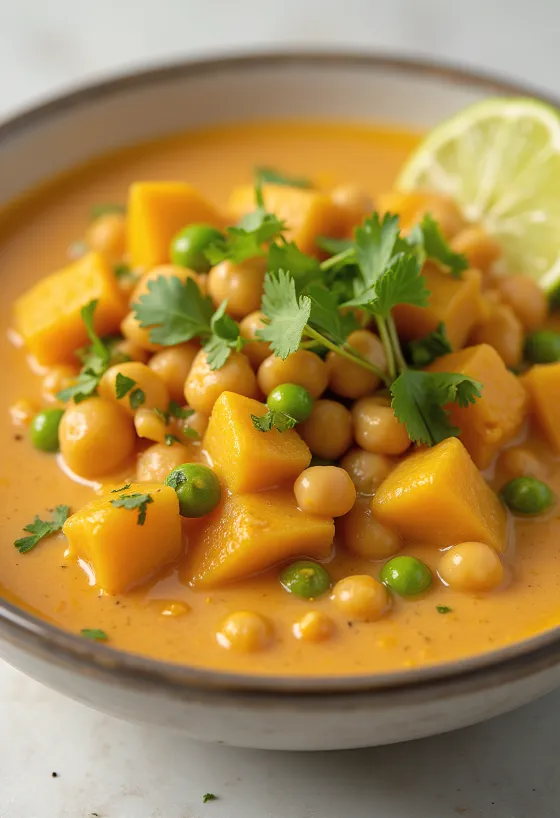 Vegan curry served with coconut milk and vegetables