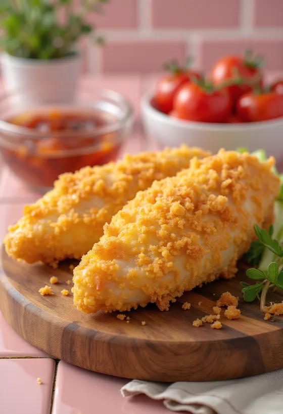 Golden fried breaded chicken breast served with fresh salad