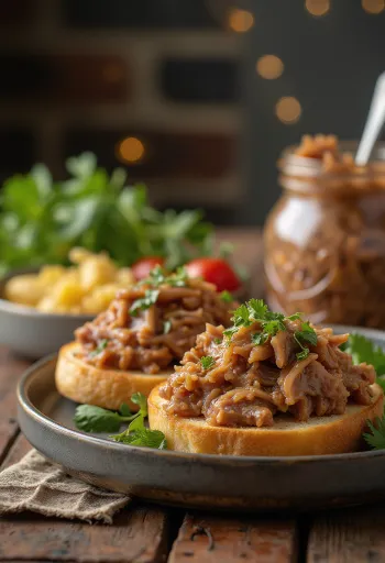 Duck rillette served in a rustic jar with bread and pickles