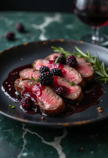 Elk steak with berry reduction served with vegetables.