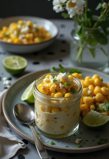 Esquites with coriander, served with soured cream and lime wedges