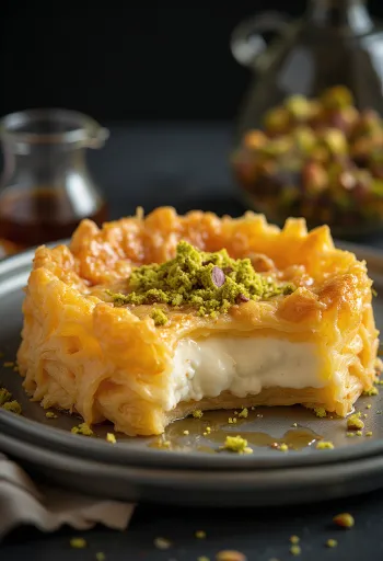Knafeh with ashta cream, with crisp golden brown pastry layer and pistachio garnish