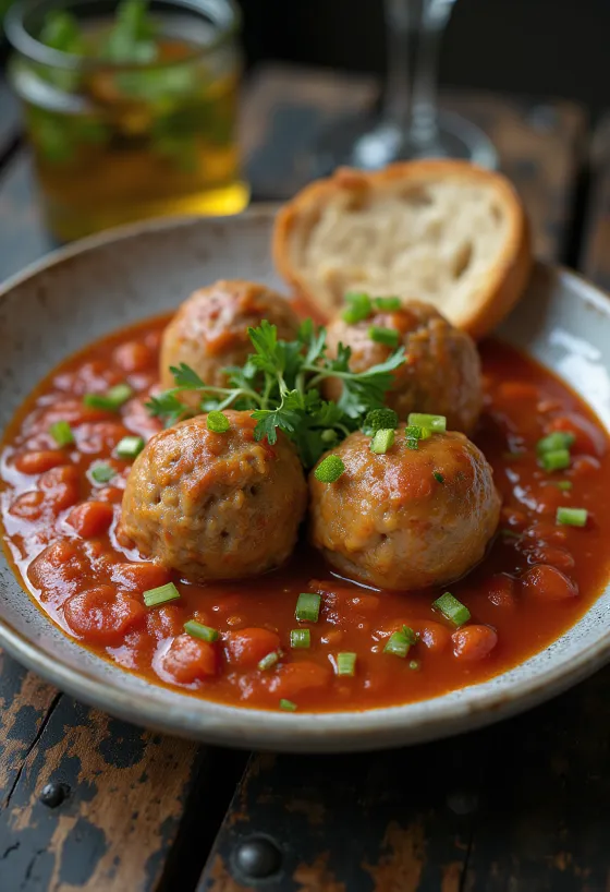 Meatballs in tomato sauce served in thick, sweet-and-sour tomato gravy