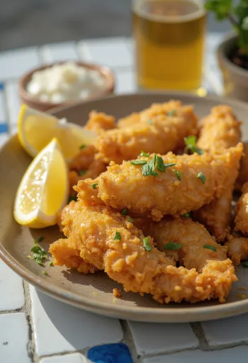 Breaded frog legs served with lemon and parsley