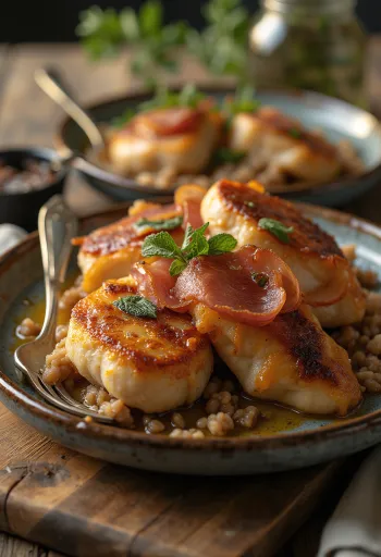 Saltimbocca veal with pancetta and sage, served with white wine sauce