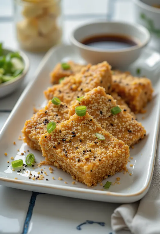 Sesame crusted roasted tofu, fried until golden and crispy, served with fresh vegetables.