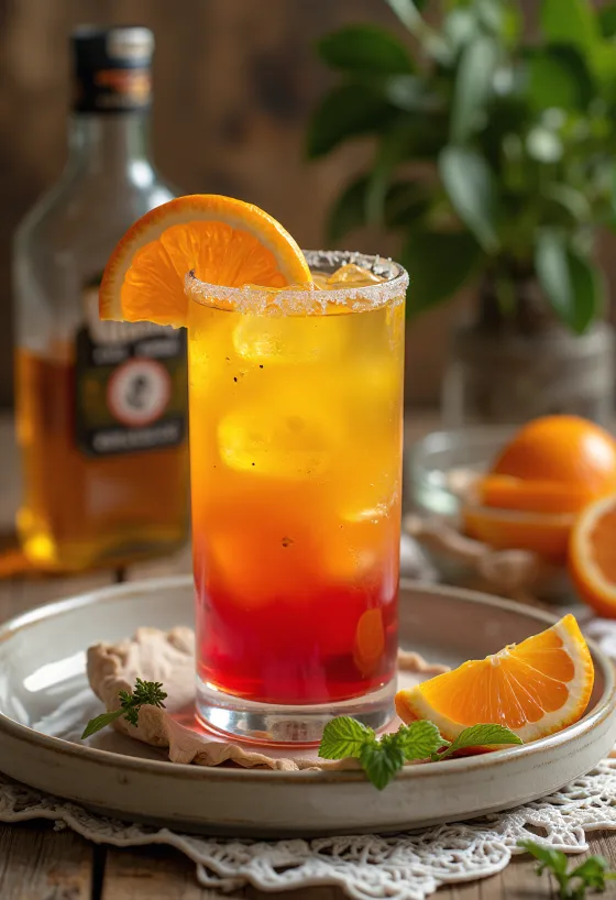 Tequila Sunrise cocktail garnished with orange slice and cherry