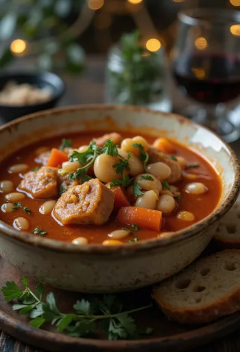 Traditional bean goulash served with rich vegetables and smoked meat
