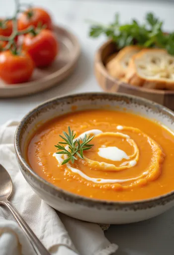 Creamy courgette and tomato soup served in a bowl