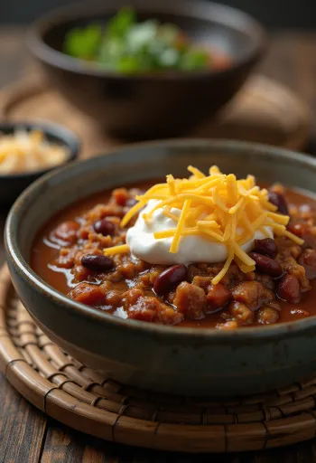 Elk chili served in a rustic bowl with garnishes