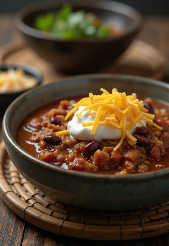 Elk chili served in a rustic bowl with garnishes