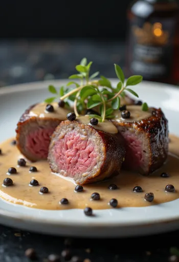 Emu fillet with pepper sauce served with vegetables.