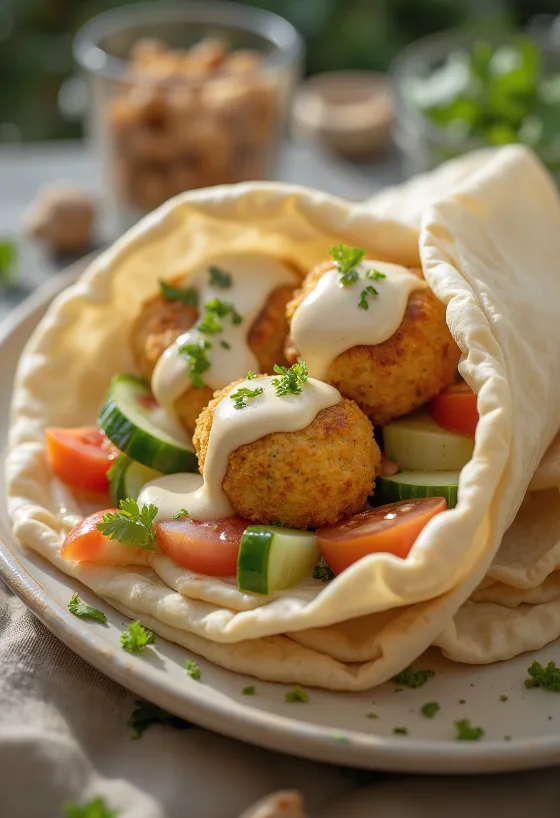 Falafel in pita with fresh vegetables and tahini sauce