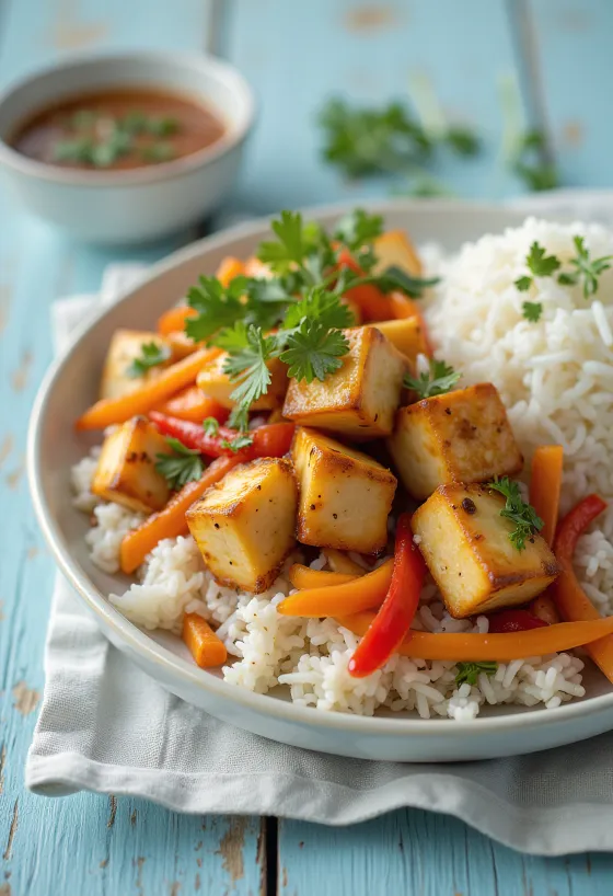 Spicy tofu vegetable stir-fry served