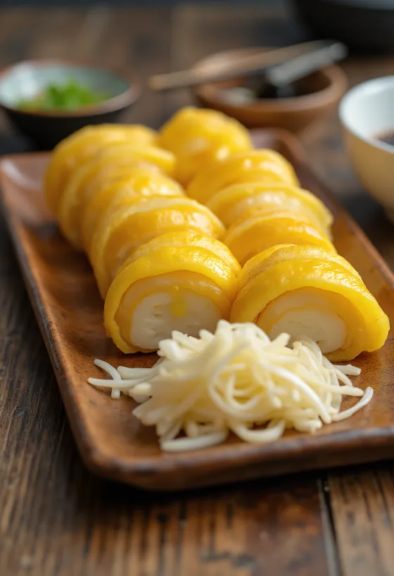 Classic tamagoyaki slices, served with soy sauce and mirin