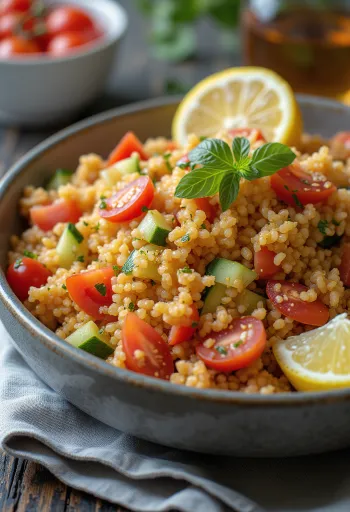 Tomato and bulgur wheat salad with fresh vegetables