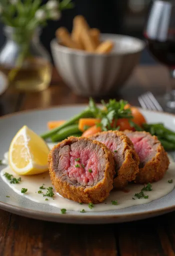 Breaded beef fillet served in crispy breadcrumbs