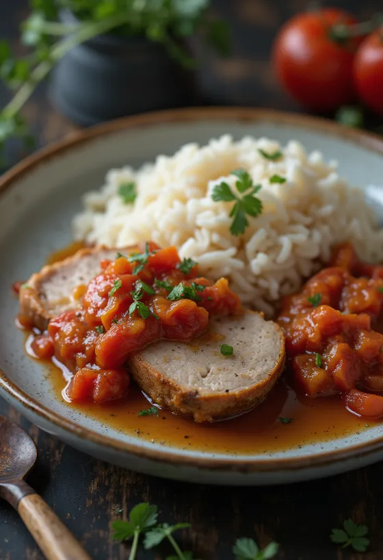 Pork collar with lecsó and steamed rice