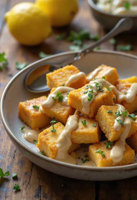 Roasted tofu served with lemon tahini dressing, fresh parsley and sesame seeds