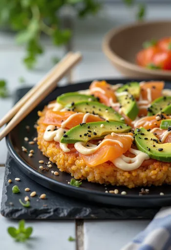 Sushi pizza with Japanese rice base, salmon and avocado