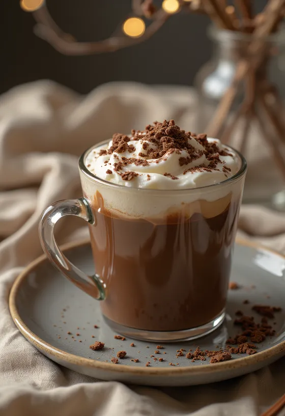 Vanilla hot chocolate garnished with whipped cream and chocolate shavings
