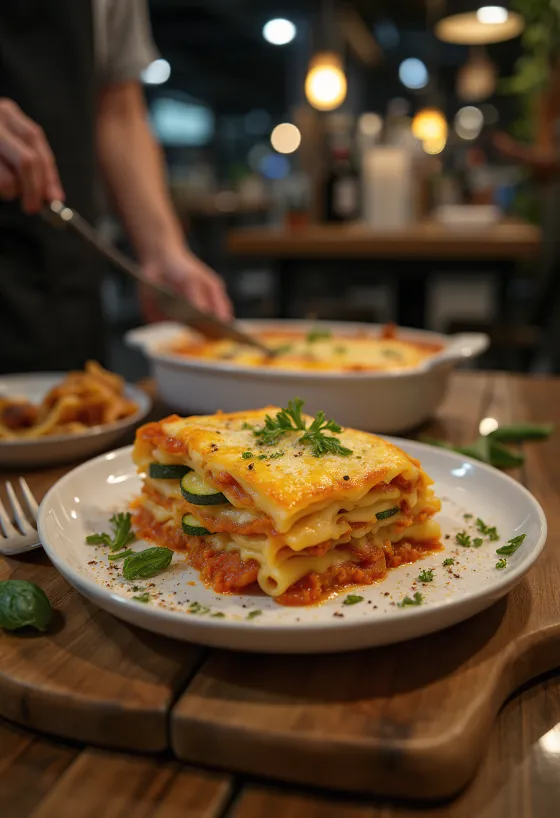 Vegan vegetable lasagne served with vegan cheese
