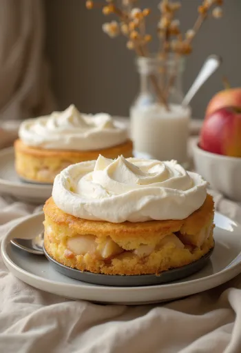 Apple cream cake served with whipped cream and apple slices