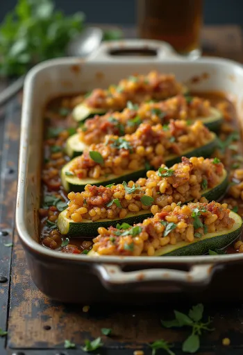 Spiced vegan stuffed courgettes served
