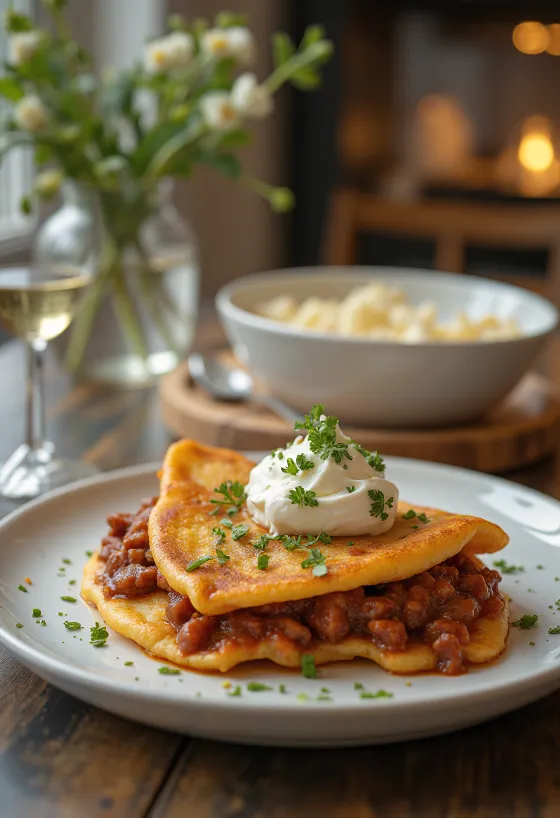 Goulash pancake served with beef filling and sour cream