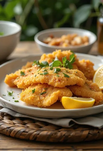 Duck fat fried catfish fillets garnished with lemon and parsley