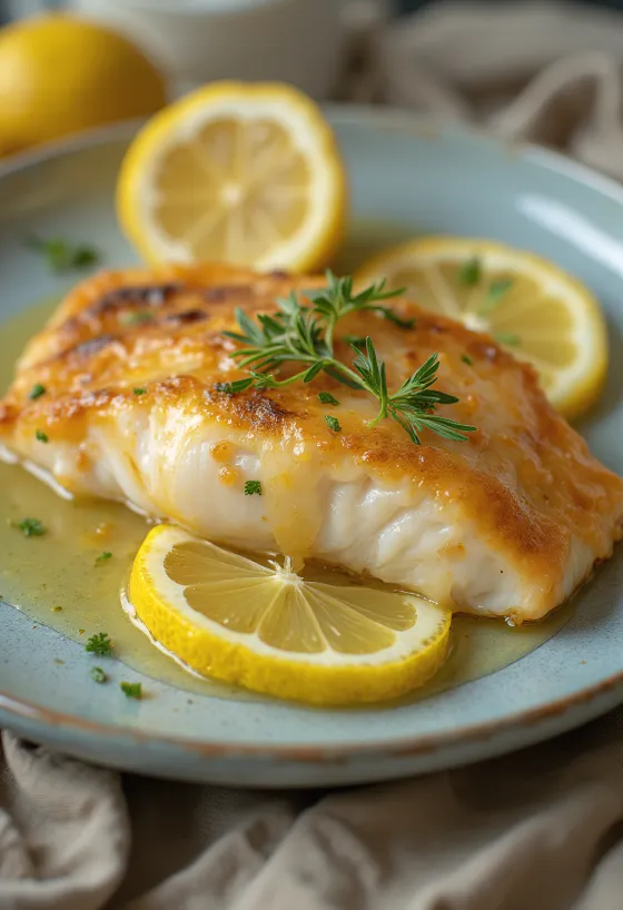 Pan-fried fish served with lemon sauce