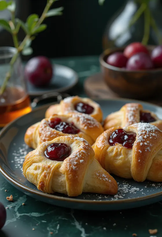 Fresh homemade plum jam crescents sprinkled with icing sugar.