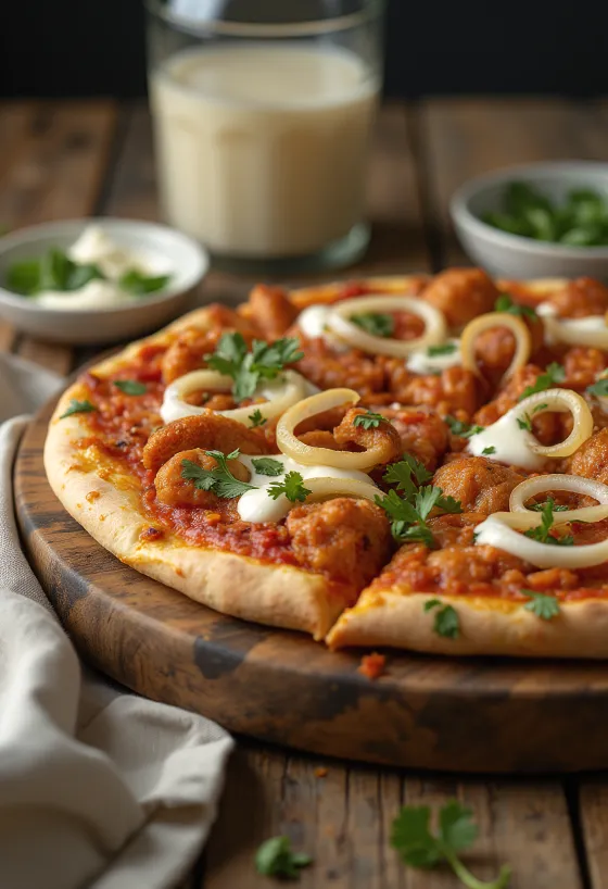 Tandoori chicken pizza with Indian spices and coriander