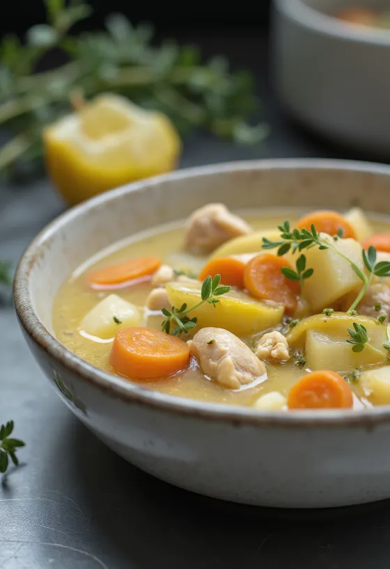 Creamy tarragon ragout soup with chicken, vegetables, decorated with fresh tarragon.