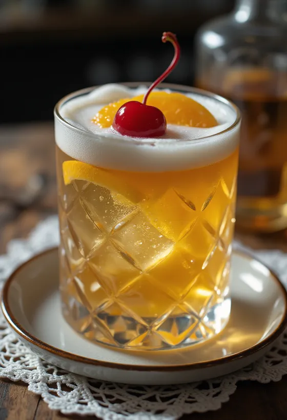 Whisky Sour cocktail garnished with orange slice and cocktail cherry